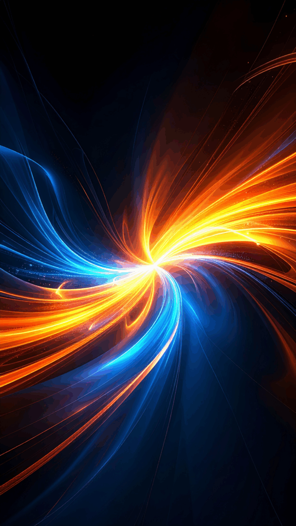 Dynamic abstract background of blue and orange with swirling light, high-quality vertical free illustration for smartphone wallpaper.