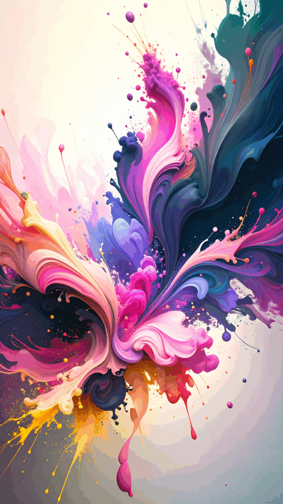 Abstract background with vibrant pink, purple, blue, and yellow ink exploding, high-quality vertical free material illustration for smartphone wallpaper.