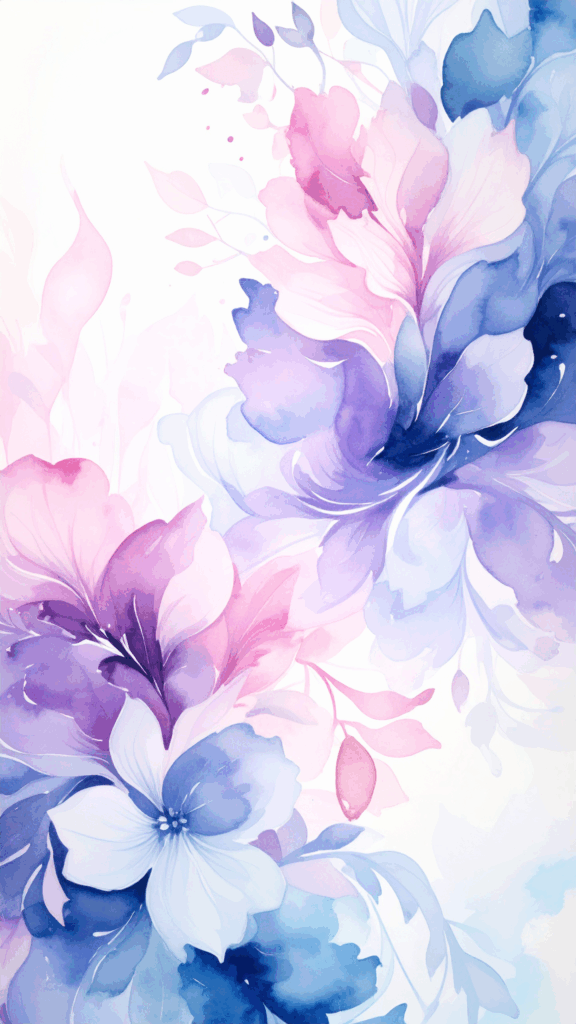 A background illustration with an elegant and gentle atmosphere, featuring watercolor-style pale pink, purple, and blue flowers. High-quality free vertical material for smartphone wallpaper.