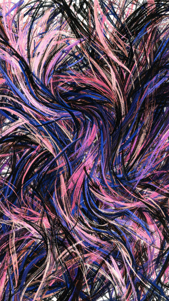 A dynamic abstract background illustration with intertwining brush strokes of pink, blue, and black. High-quality free vertical material for smartphone wallpaper.