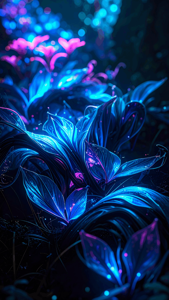 A background illustration of a fantastic plant that glows in blue and pink neon colors in the dark, a high-quality vertical free material for smartphone wallpaper.