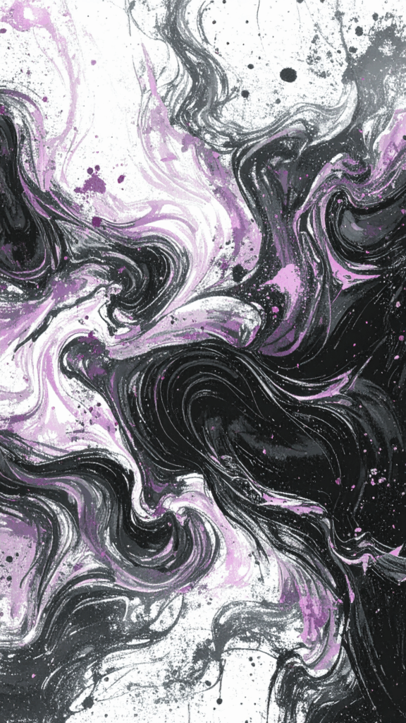 Abstract background illustration of swirling black, gray, and purple ink, high-quality vertical free material for smartphone wallpaper.