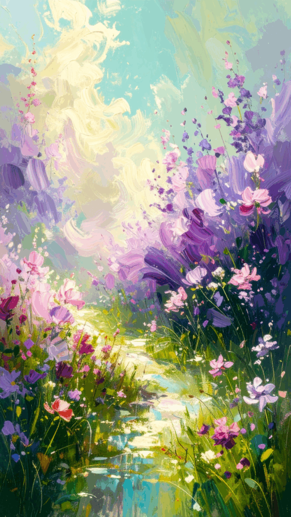 A background illustration of a fantastic flower field with purple and pink flowers blooming in a touch like an oil painting, a high-quality vertical free material for smartphone wallpaper.