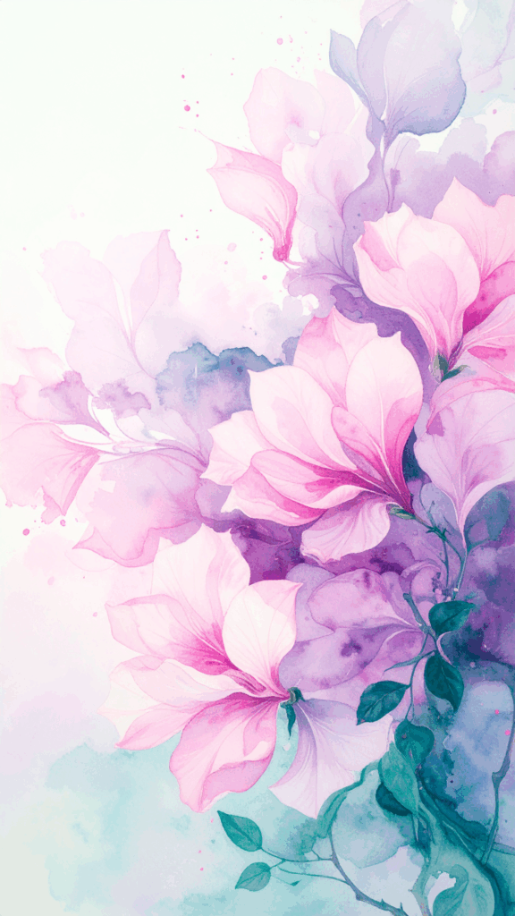 A high-quality illustration (free material OK for commercial use) that is perfect for smartphone wallpapers, with pink flowers as if painted with watercolors spreading in the background