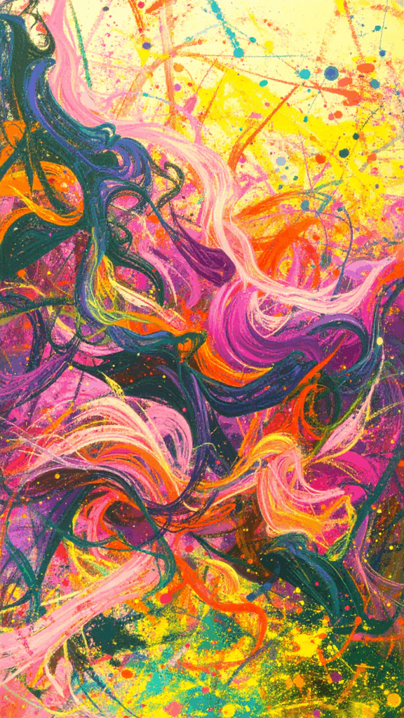 Dynamic abstract art background illustration with vibrant pink, orange, yellow, and blue paint splashes (free material for commercial use OK)