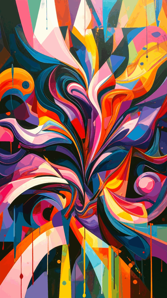 Abstract art background illustration (free free material OK for commercial use) where various vivid colors explode into complex curves and shapes
