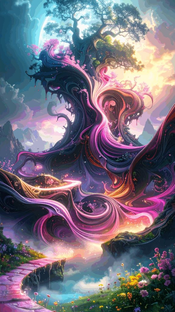 A fantastic fantasy landscape background illustration with trees and flowers emitting mysterious light and the moon (free material OK for commercial use)