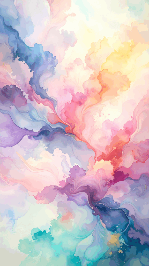 Abstract background illustration with pastel colors of pink, purple, blue, yellow, and green spreading like watercolor smudges (free material for commercial use OK)