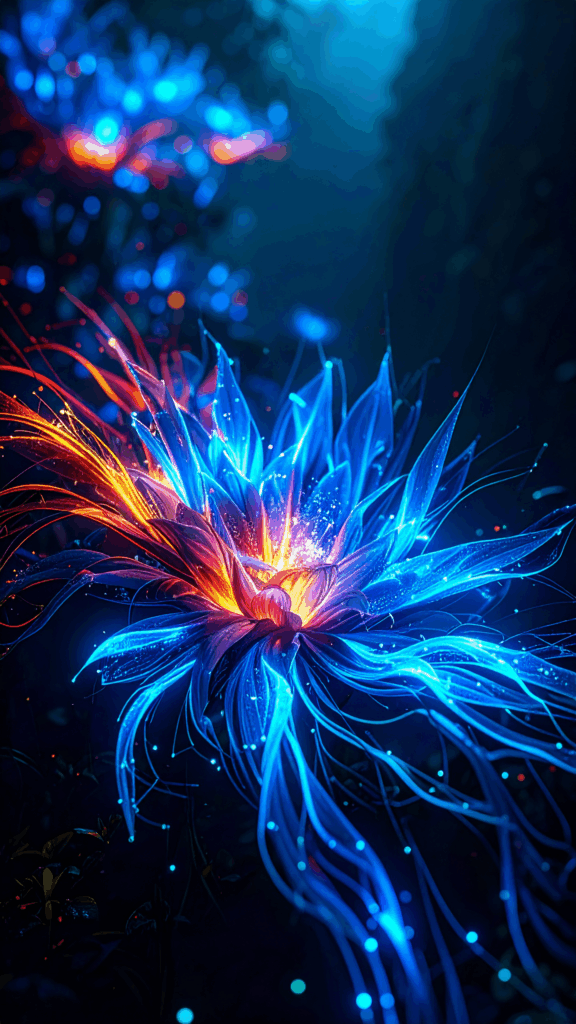 A fantastic background illustration of a mysterious flower emitting blue and orange light in the darkness (free material for commercial use OK)