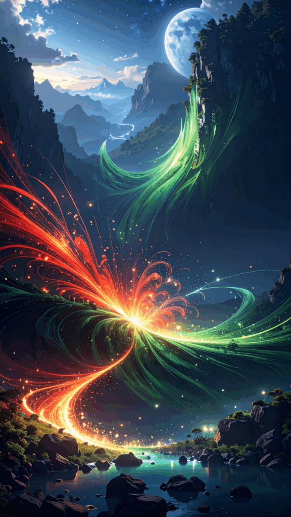 A fantastic and mysterious landscape background illustration of a river of red and green light flowing in a mountainous area on a moonlit night (free material that can be used commercially)