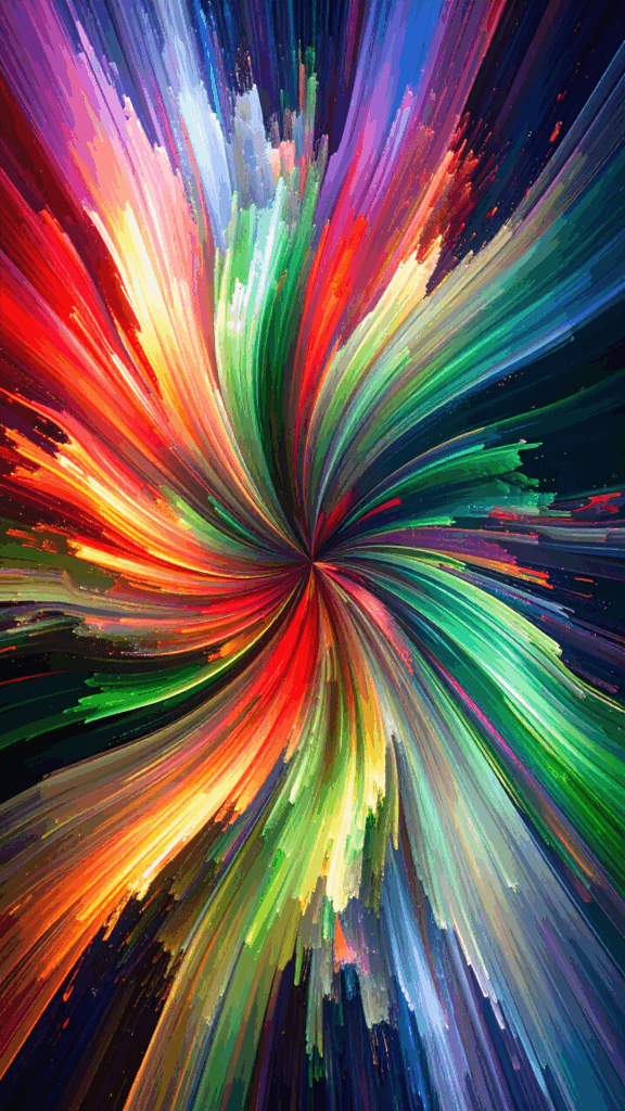 Abstract background illustration featuring vivid rainbow color splashes radiating from the center. High-resolution vertical free material perfect for smartphone wallpapers.