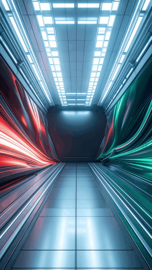 A background illustration of a tunnel with a near-future SF feel, with red and green lights shining in from the left and right. High-resolution vertical free material perfect for smartphone wallpapers.