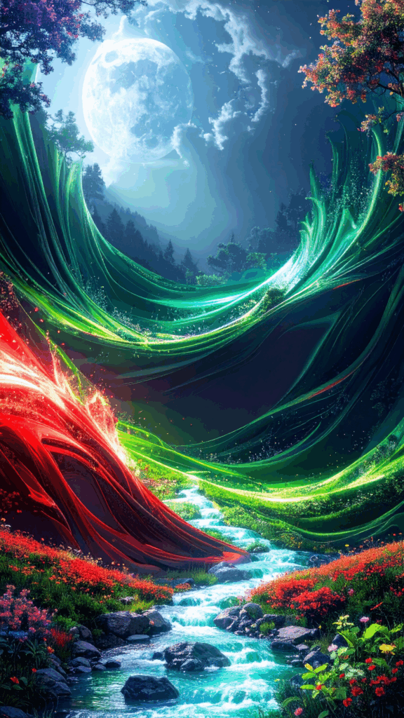 A background illustration of a fantastic forest with a glowing river flowing under a night sky shining with a full moon. The red and green lights create a mysterious atmosphere, making this high-quality free material perfect for smartphone wallpapers.