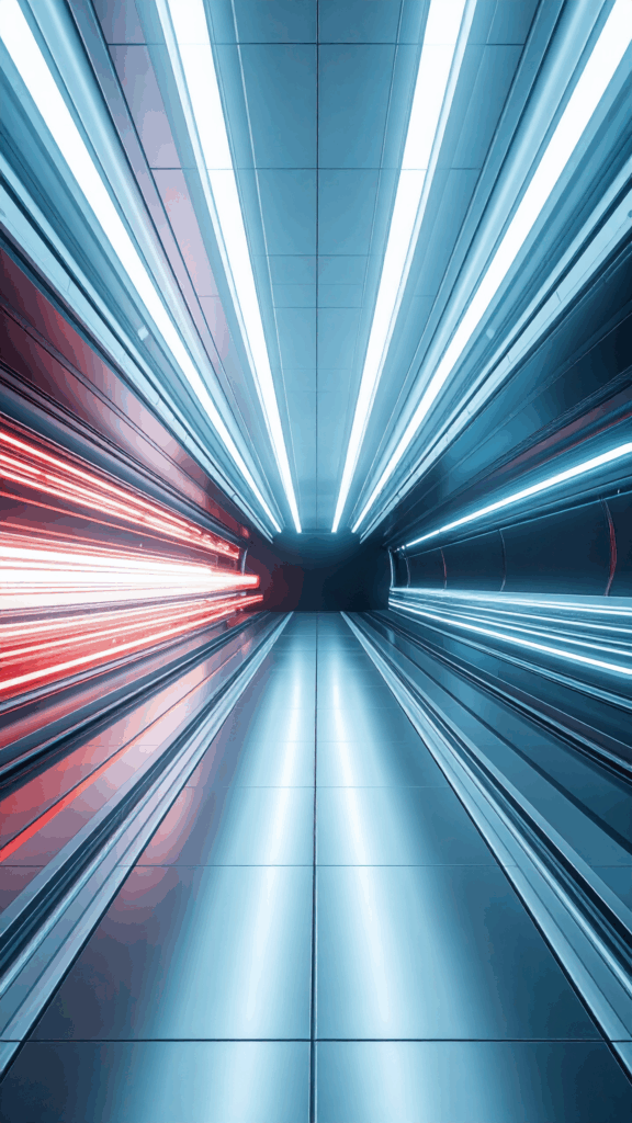 A background illustration of the inside of a futuristic tunnel with red and blue light streaks racing through it. With a design reminiscent of travelling at the speed of light, this high-quality free material is perfect for smartphone wallpapers.