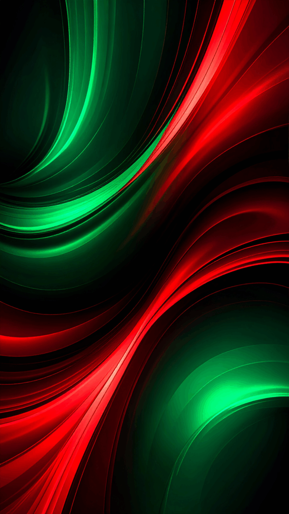 An abstract and dynamic streamlined background illustration with red and green light waves intersecting like undulations on a black background. High-quality free material perfect for smartphone wallpapers.