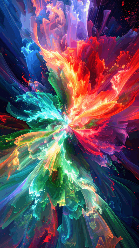 A vivid and dynamic abstract background illustration with an explosion of various colored lights radiating from the center. High-resolution free material perfect for smartphone wallpapers.