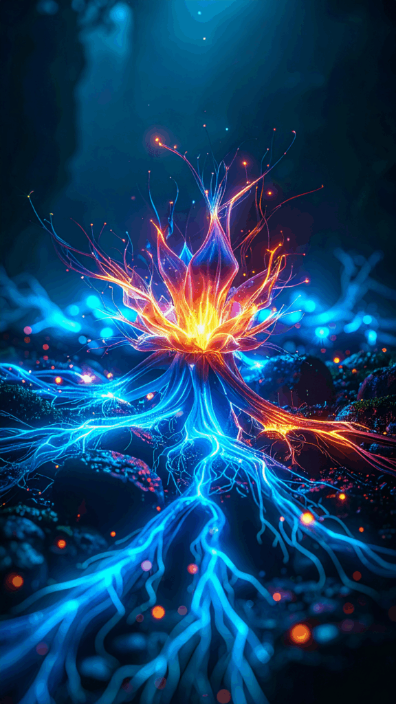 A fantastic background illustration depicting a mysterious plant emitting blue and orange light. The roots shine and particles dance around it, making this high-quality free material perfect for smartphone wallpapers.