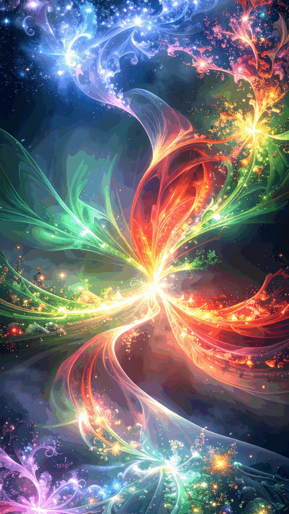 A fantastic space background illustration with a vortex of colorful light spreading from the center and sparkling stars. High-quality free material perfect for smartphone wallpapers.
