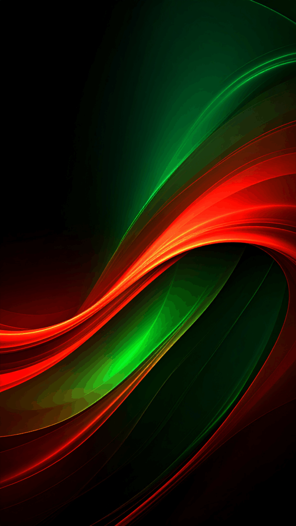 Abstract background illustration with dynamic flowing vibrant red and green light waves on a black background. High-quality free material perfect for smartphone wallpapers.