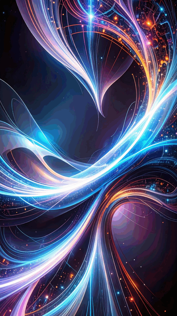 A fantastic and colorful abstract background with dancing blue, orange, and purple light particles. High-quality free material perfect for smartphone wallpapers.