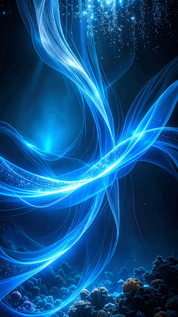 A fantastic deep sea-style abstract background with blue light waves and bubbles. High-quality free material perfect for smartphone wallpapers.
