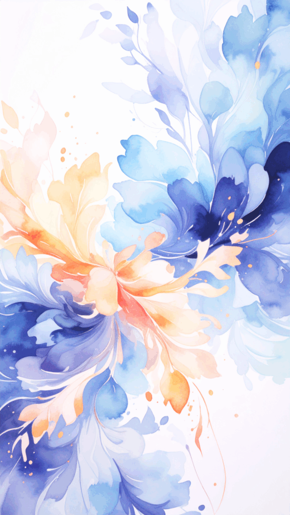 An elegant background with blue, orange, and purple watercolor-style flowers. High-quality free material perfect for smartphone wallpapers.