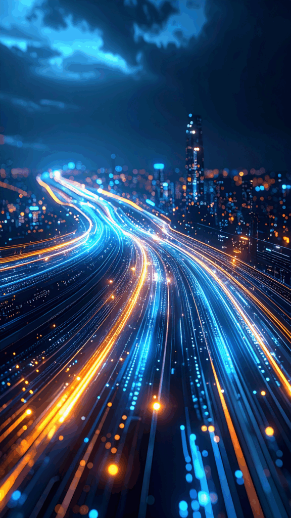 A free illustration with a digital feel depicting blue and orange lines of light flowing at high speed against the backdrop of a futuristic city night view. A high-resolution vertical image (1440 x 2560 pixels) perfect for smartphone wallpapers.