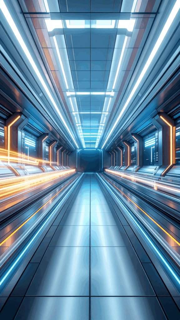 A free illustration depicting a futuristic design corridor with impressive blue and orange light lines. A vertical high-resolution image (1440 x 2560 pixels) that is perfect for smartphone wallpapers.