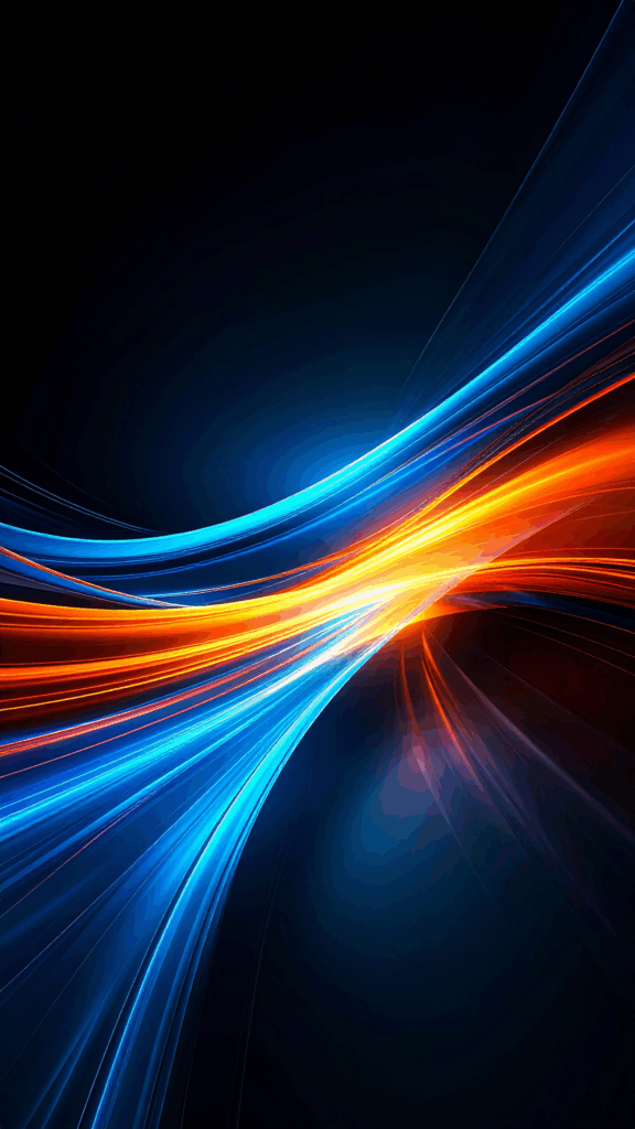 Abstract smartphone wallpaper background with blue and orange light rays intersecting. High-quality vertical free material featuring lines that shine vividly in the darkness.