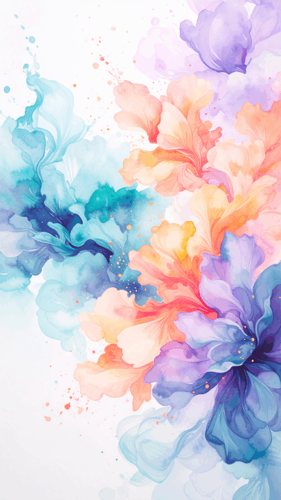 A smartphone wallpaper background with pale watercolor-style pastel colored flowers. A high-quality vertical free material with gentle colors that blend blue, pink, orange, and purple.