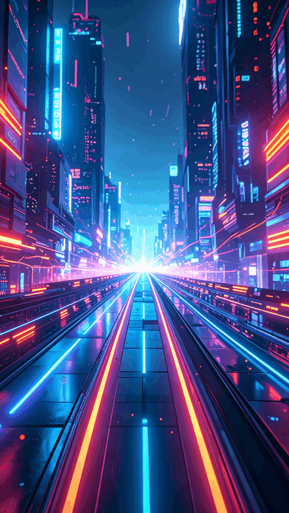 Smartphone wallpaper background featuring a cyberpunk future city road with shining neon lights. High-quality vertical free material featuring blue and red light rays.