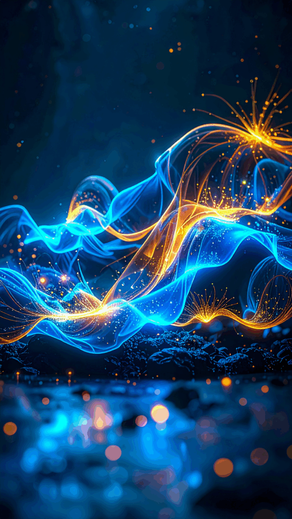 A digital background illustration of blue and orange ripples of light spreading fantastically, a high-quality free material that is perfect for smartphone wallpapers.