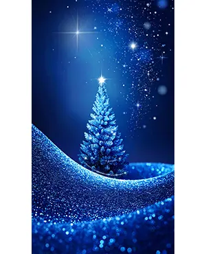 深い青色の背景に輝くクリスタルガラスのようなクリスマスツリー