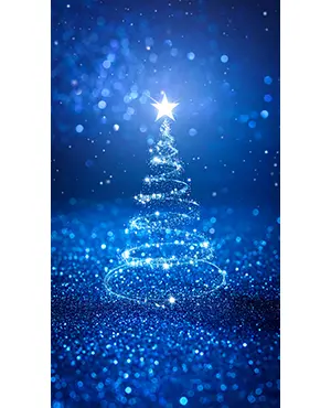 青い背景に光の粒子が集まってできた輝くクリスマスツリー