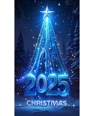 青い光の筋で構成されたクリスマスツリーと2025年のロゴ