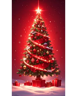 赤い背景に赤いリボンとオーナメントで飾られたクリスマスツリー