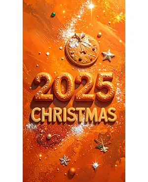 オレンジ色の背景に並べられた2025とCHRISTMASのクッキー文字