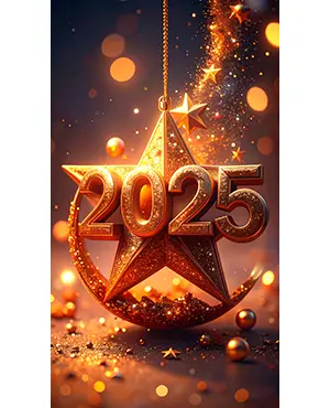 金色の星型オーナメントに刻まれた2025の数字とキラキラした背景