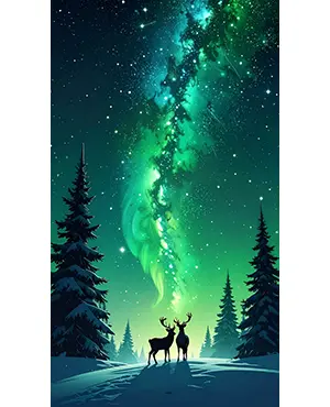 緑色のオーロラが輝く夜空の下で見つめ合う二頭の鹿のシルエット
