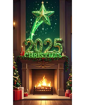 緑色の光に包まれた暖炉と2025年クリスマスの輝く文字