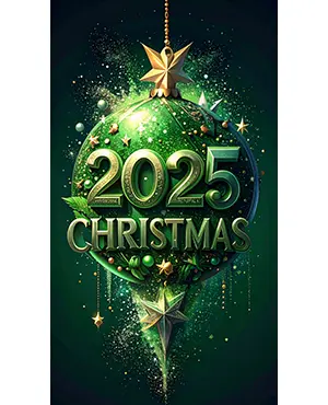 2025年の文字が入った大きな緑色のクリスマスオーナメントと輝く星