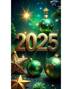 深い緑の背景に浮かぶ金色の2025の文字とクリスマスオーナメント