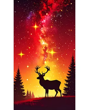 赤とオレンジの鮮やかな星空を見上げるトナカイのシルエット