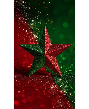 赤と緑のラメ背景の中央に置かれたバイカラーの星型オーナメント