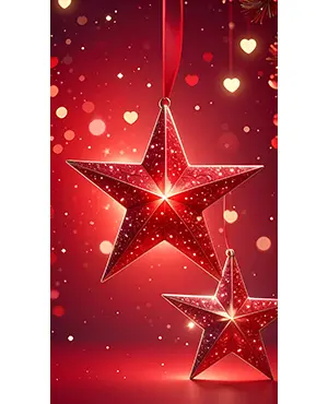 赤い背景に吊るされた二つの赤い星型グリッターオーナメント