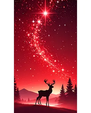 赤い星空の下に立つトナカイのシルエットと降り注ぐ光の粒子