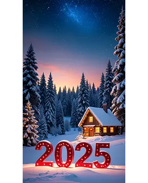 雪景色の山小屋の手前に置かれた光る赤い2025の大きな文字