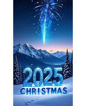 雪山を背景に氷のような質感の2025年クリスマスロゴと夜空の光