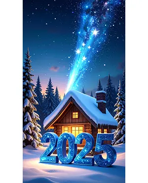 雪の森にある山小屋と青く輝く流れ星と2025の文字