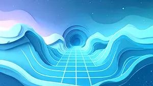 Abstract space with blue gradient wave walls and grid floor leading to a circular tunnel